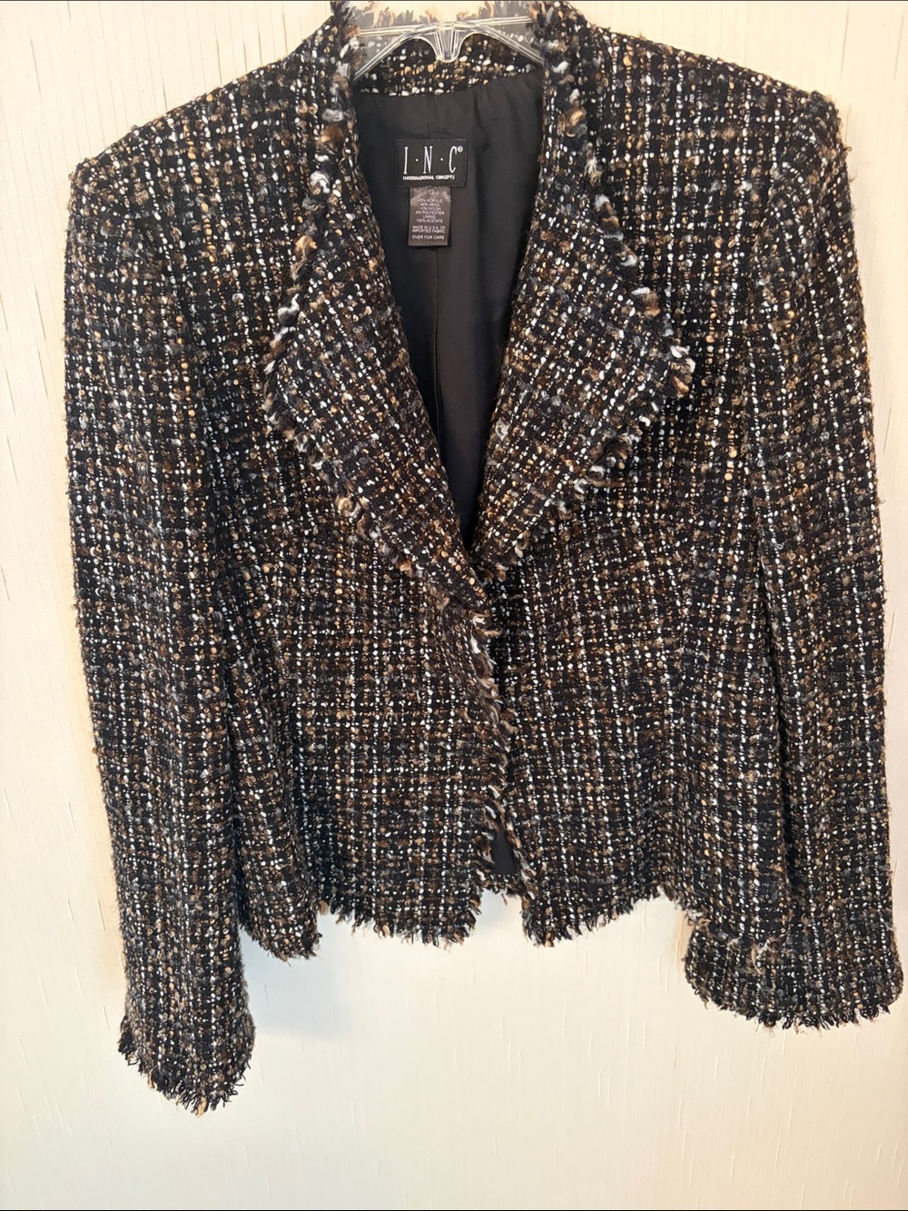 INC International Concepts Black and Brown Tweed Fringe-Edge Blazer